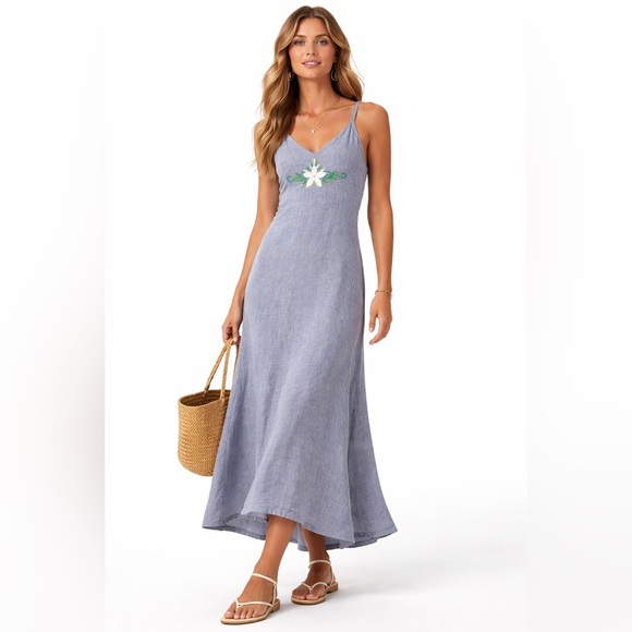REFORMATION Shelly Maxi Dress Linen Embroidered Lace Up Back Coastal Size 2